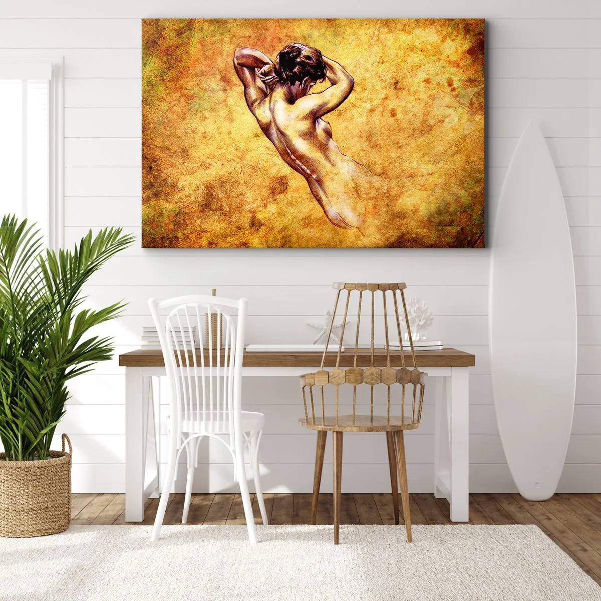 Obraz na plátne - Umelecký ženský akt na zlatom pozadí v klasickom štýle - 70x50cm - Odhalené, ale stále tajomstvo - Moderná nástenná dekorácia do obývacej izby a spálne ARTTOR