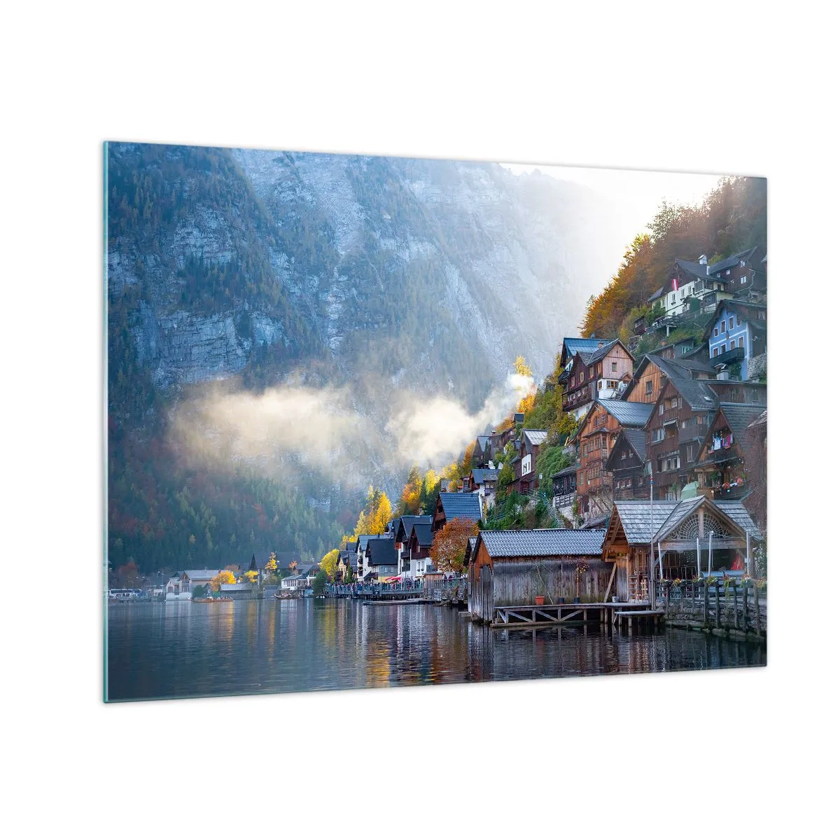 Obraz na skle - Jesenné ráno v horskom mestečku pri jazere - 70x50cm - Alpská krajina - Moderná nástenná dekorácia do obývacej izby a spálne ARTTOR