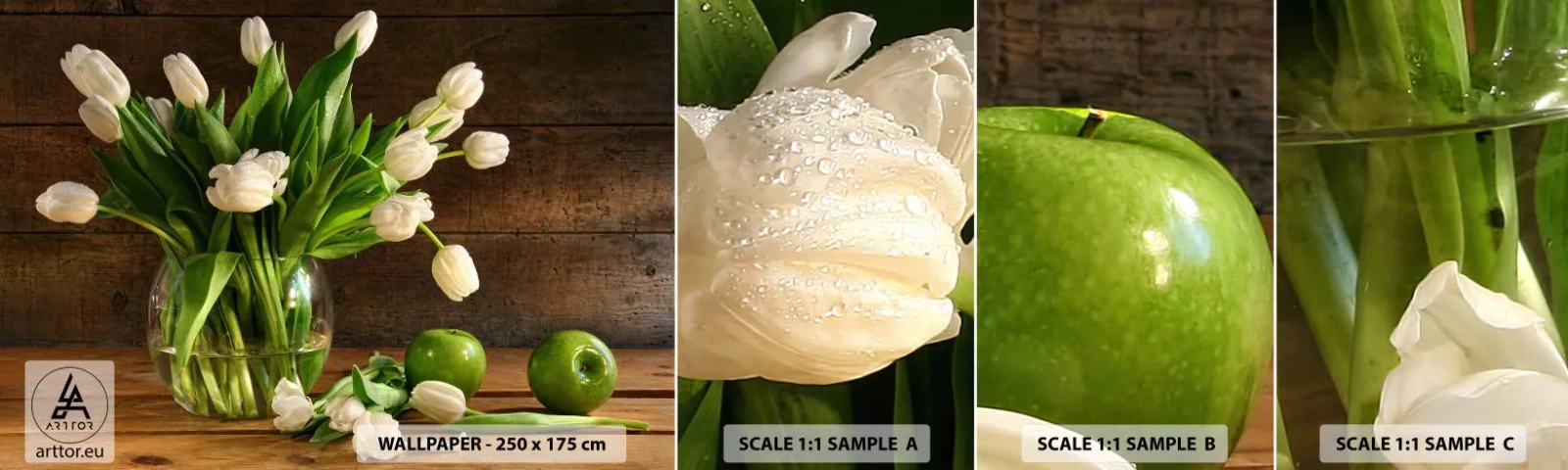 Vzorka Fototapeta Standard Eco - Šťavnaté a čerstvé v zelenej a bielej - Kvety, Tulipány, Kytica kvetov - 100x30 cm