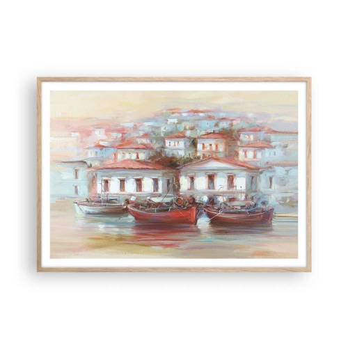 Plagát v ráme zo svetlého duba - Šťastné mestečko - 100x70 cm