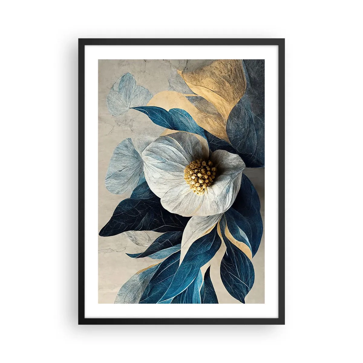 Plagát v čiernom ráme - Elegantný kvet v odtieňoch tmavomodrej a zlatej - 50x70cm - Má zlaté srdce - Moderná nástenná dekorácia do obývacej izby a spálne ARTTOR