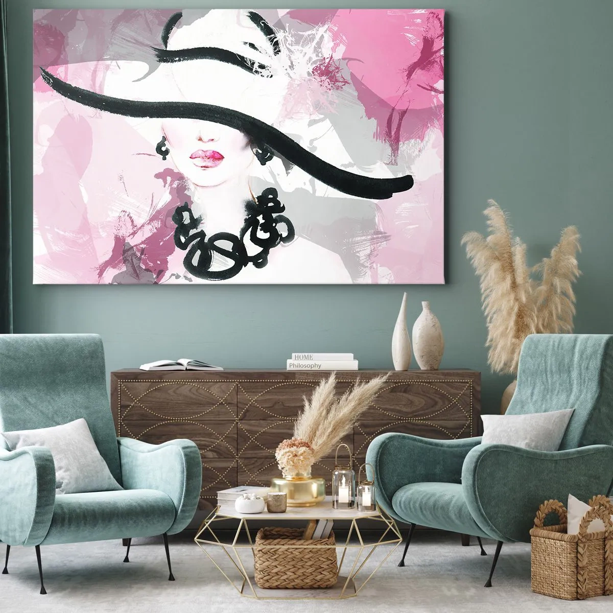 Obraz na plátne - Elegantná žena v klobúku na pozadí ružových abstrakcií. - 70x50cm - Portrét dámy v čiernej a ružovej - Moderná nástenná dekorácia do obývacej izby a spálne ARTTOR