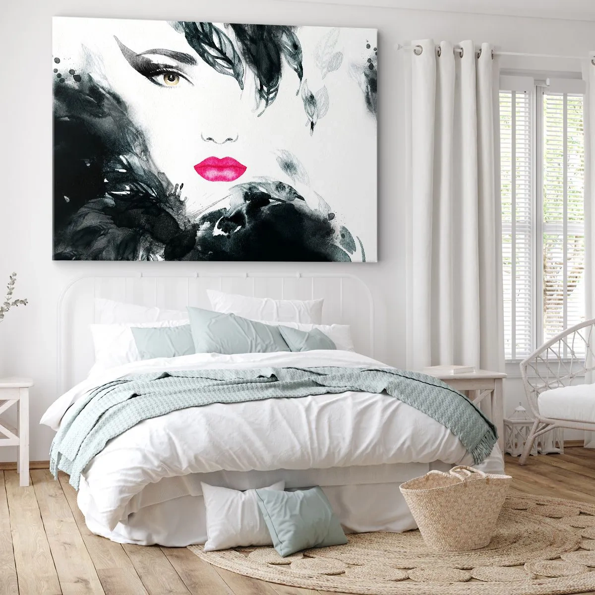Obraz na plátne - Umelecký portrét ženy s intenzívne ružovými perami - 70x50cm - Pozor! Femme fatale - Moderná nástenná dekorácia do obývacej izby a spálne ARTTOR