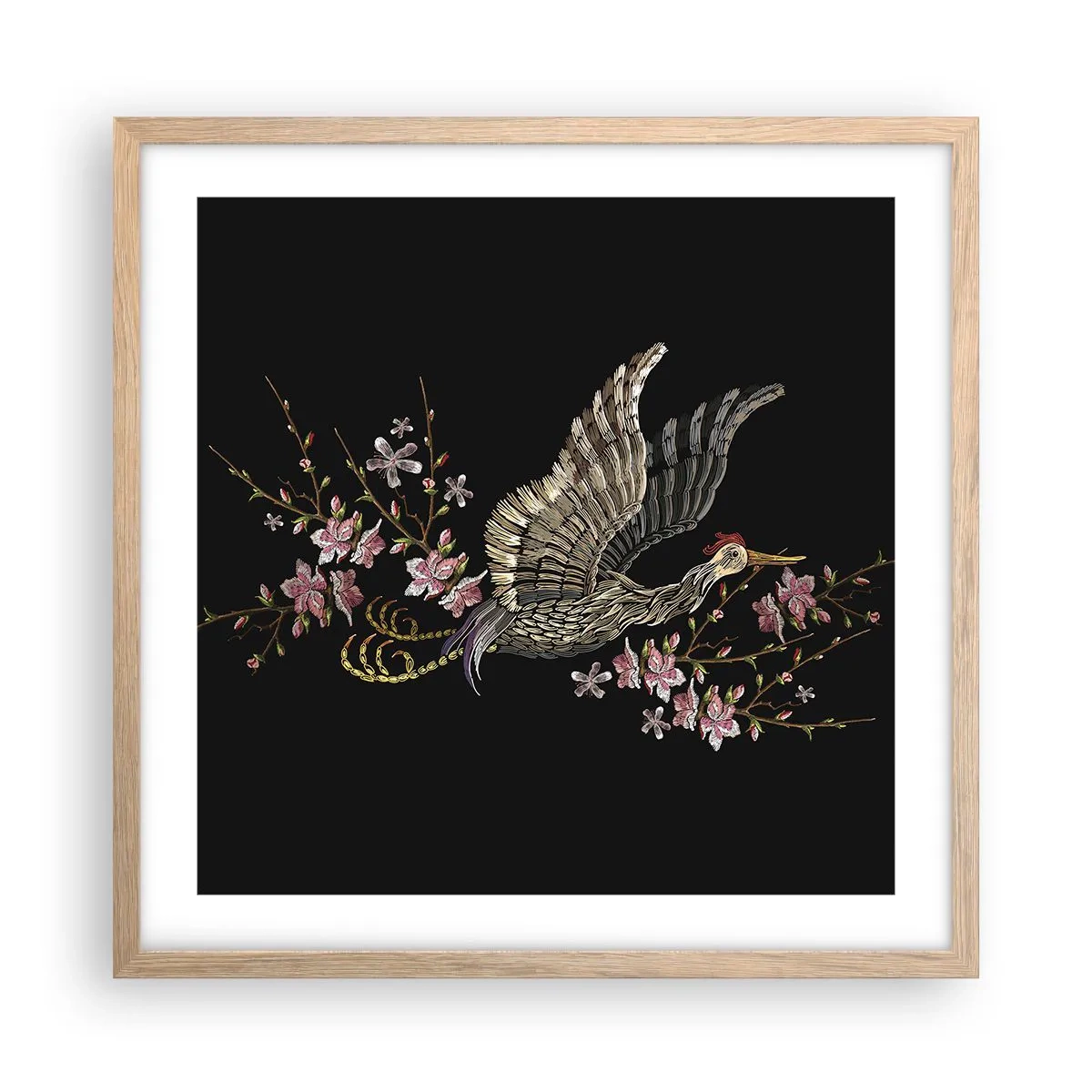 Plagát v ráme zo svetlého duba - Exotický vyšívaný vták - 50x50 cm