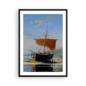 Plagát v čiernom ráme - Tradičná plachetnica na brehu s odrazom vo vode - 50x70cm - Voda, zem, vzduch - Moderná nástenná dekorácia do obývacej izby a spálne ARTTOR