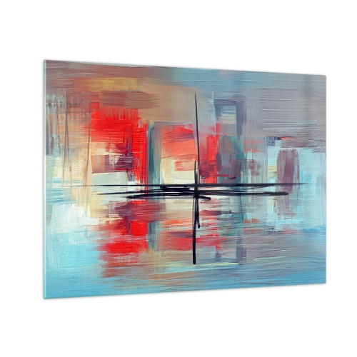 Obraz na skle - Farebná abstrakcia s červenou a modrou, inšpirovaná krajinou. - 70x50cm - Krajina v neznámej dimenzii - Moderná nástenná dekorácia do obývacej izby a spálne ARTTOR