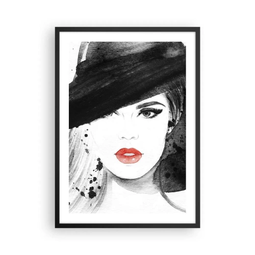 Plagát v čiernom ráme - Portrét ženy v klobúku s červeným nápisom na perách - 50x70cm - Dáma v čiernom - Moderná nástenná dekorácia do obývacej izby a spálne ARTTOR