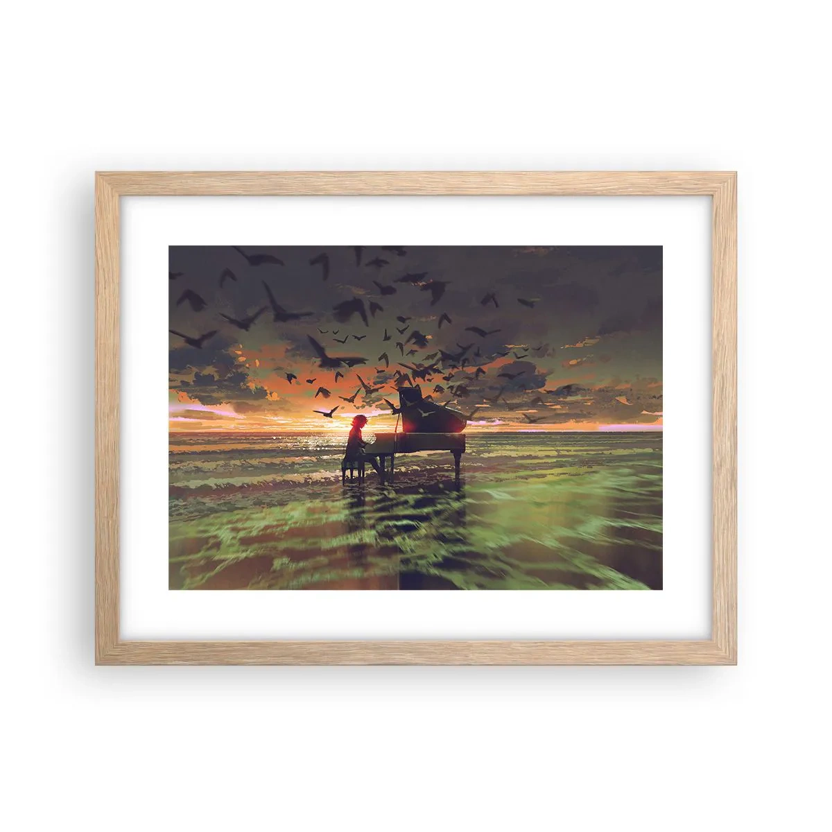 Plagát v ráme zo svetlého duba - Koncert na piano a vlny - 40x30 cm