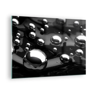 Obraz na skle - Kovové kvapky na čiernom povrchu - 70x50cm - Z čiernej tône - Moderná nástenná dekorácia do obývacej izby a spálne ARTTOR