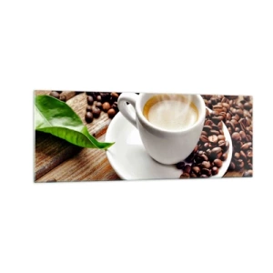 Obraz na skle - Káva na lavici - 140x50 cm