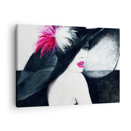 Obraz na plátne - Štýlová žena v operenom klobúku - 70x50cm - Vždy tajomstvo - Moderná nástenná dekorácia do obývacej izby a spálne ARTTOR