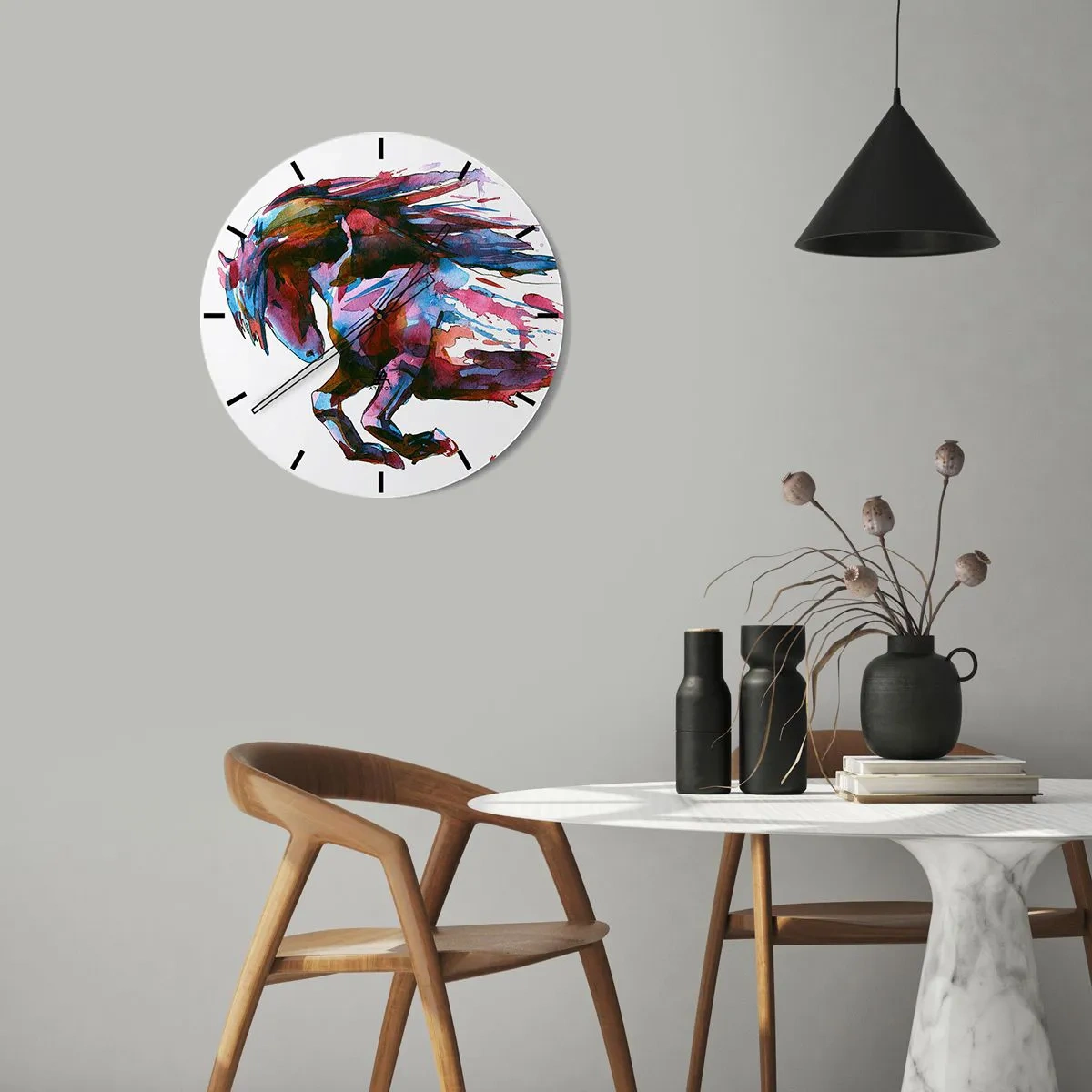 Nástenné hodiny - Dynamický kôň v akvarelových farbách s roztekajúcou hrivou - 30x30cm - Nadšenie - Moderná nástenná dekorácia do obývacej izby, kuchyne a spálne ARTTOR