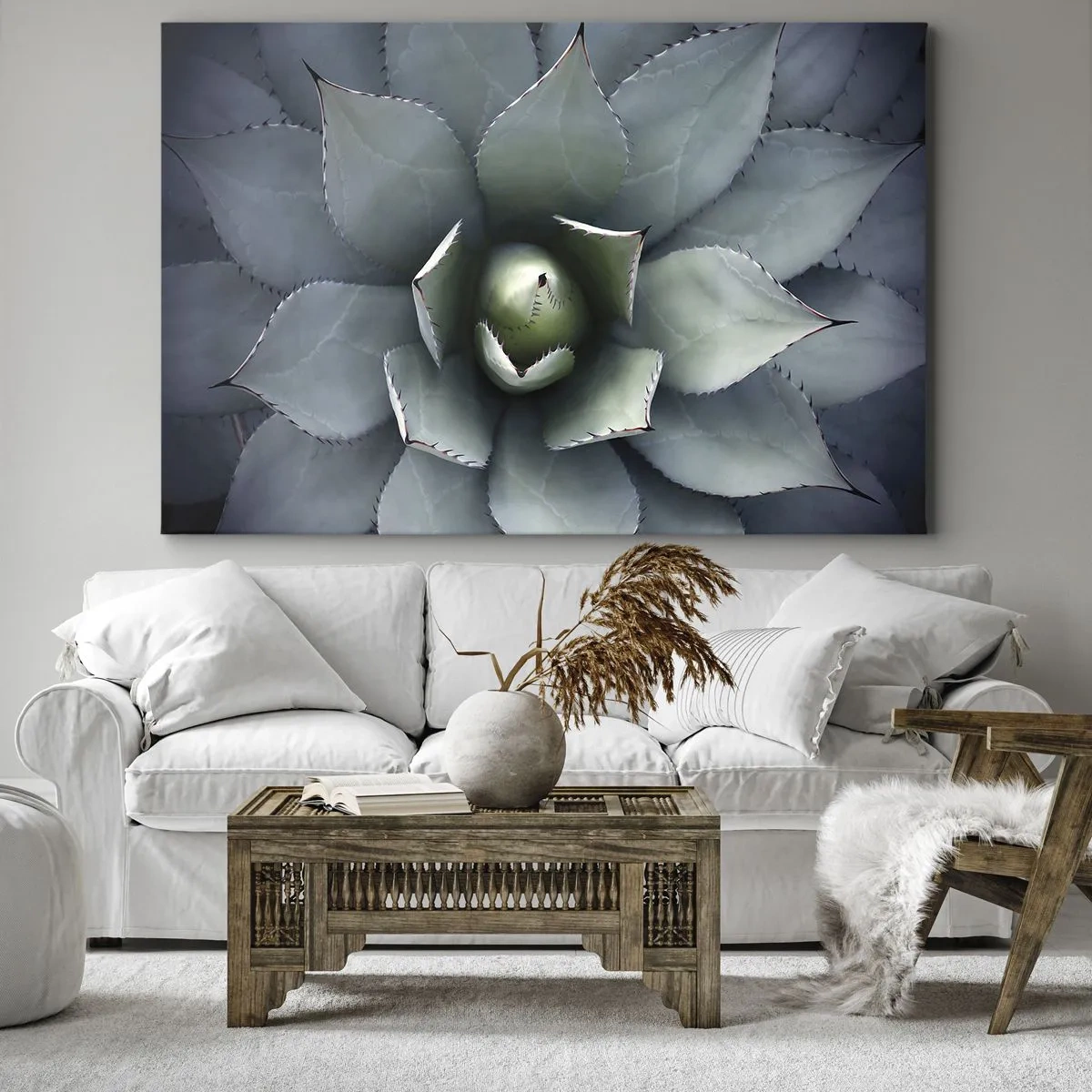 Obraz na plátne - Detailný záber na ružicu agáve v jemných odtieňoch zelenej - 70x50cm - Zvádza a varuje - Moderná nástenná dekorácia do obývacej izby a spálne ARTTOR