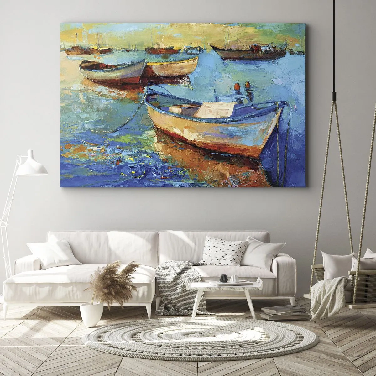Obraz na plátne - Farebné lode kotviace na pokojnej vode - 70x50cm - V južnom zálive - Moderná nástenná dekorácia do obývacej izby a spálne ARTTOR