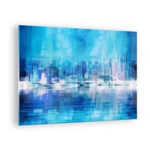 Obraz na skle - Moderná panoráma mesta v odtieňoch modrej - 70x50cm - Utopené v modrej - Moderná nástenná dekorácia do obývacej izby a spálne ARTTOR