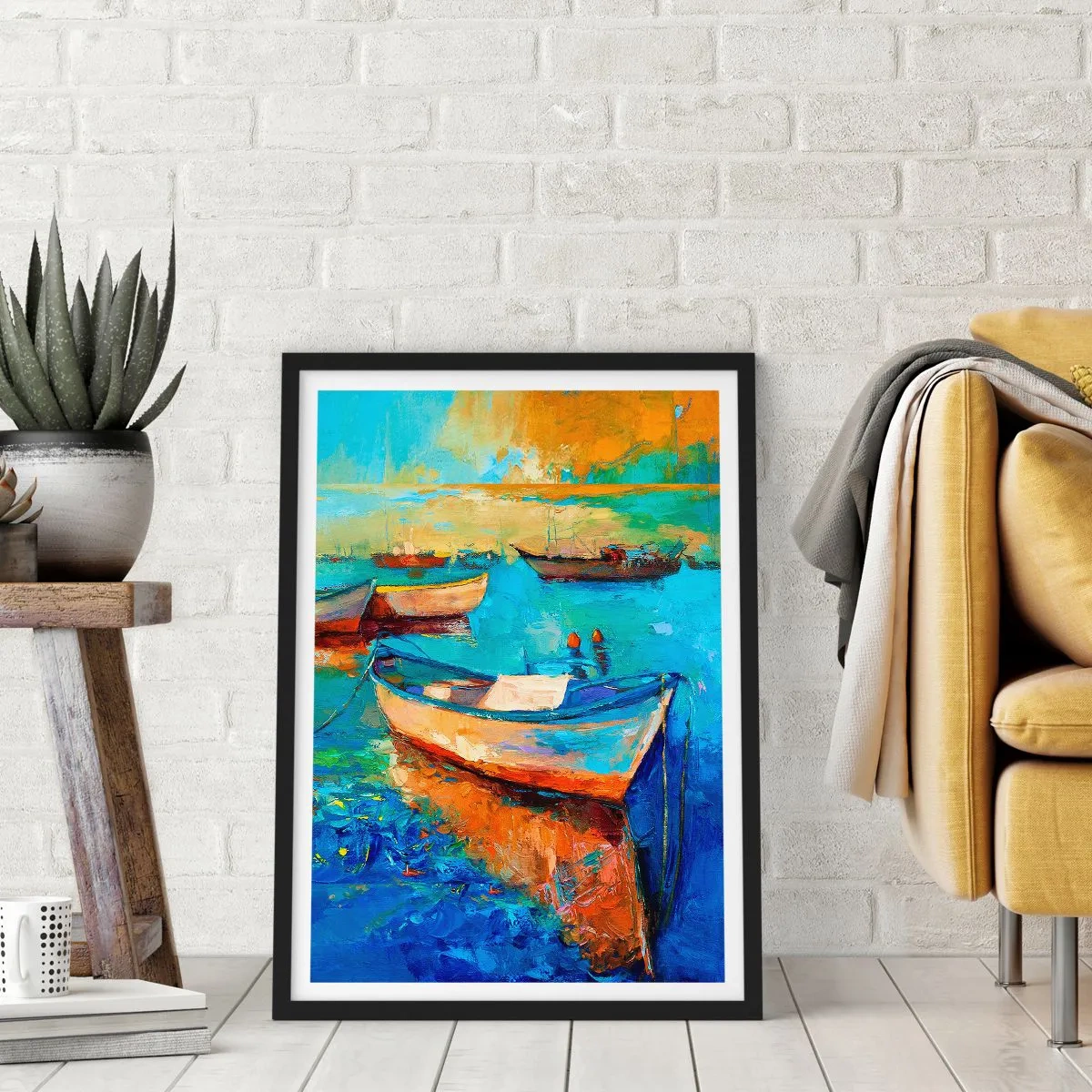 Plagát v čiernom ráme - Farebné lode na vode v impresionistickom štýle - 50x70cm - V južnom zálive - Moderná nástenná dekorácia do obývacej izby a spálne ARTTOR