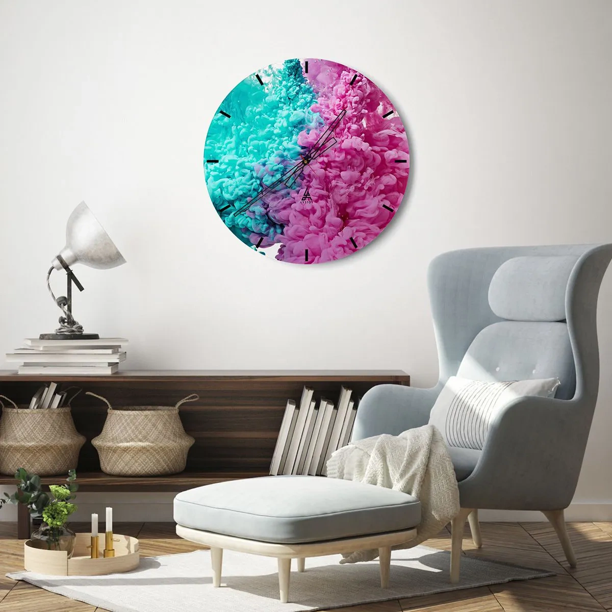 Nástenné hodiny - Abstraktná kombinácia ružovej a tyrkysovej farby - 30x30cm - Rozhodujúci stret - Moderná nástenná dekorácia do obývacej izby, kuchyne a spálne ARTTOR