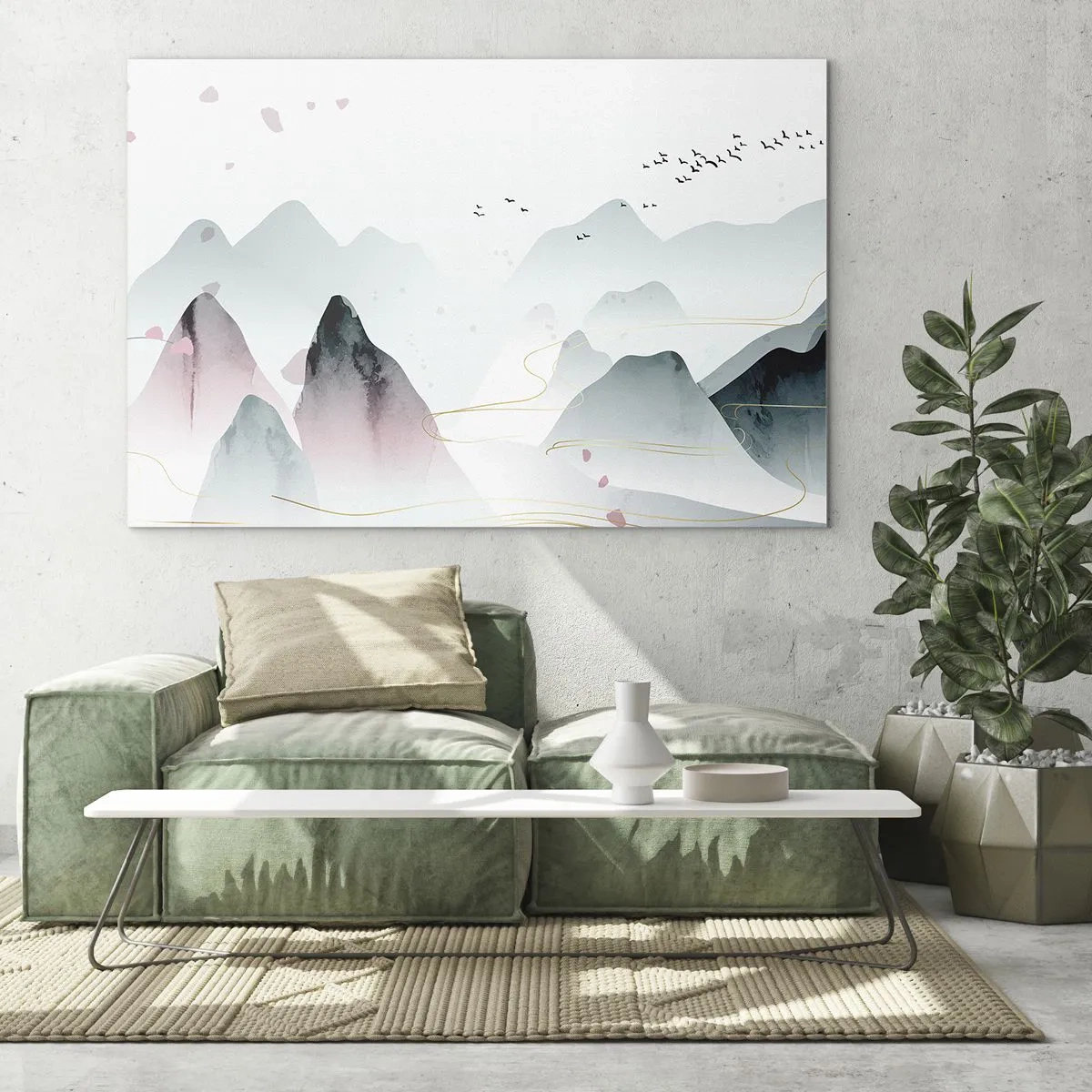 Obraz na skle - Pastelové hory s kŕdľom lietajúcich vtákov a zlatými čiarami - 70x50cm - Cez vrcholy - Moderná nástenná dekorácia do obývacej izby a spálne ARTTOR
