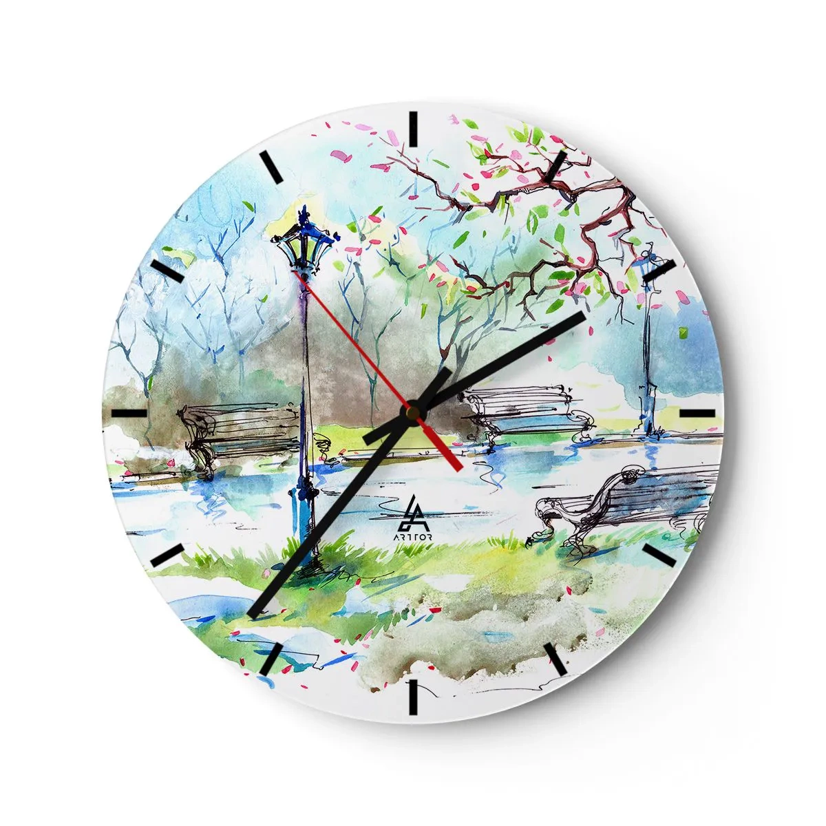 Nástenné hodiny - Park s lavičkami, lampášmi a kvitnúcimi stromami v akvarelovom štýle. - 30x30cm - Kúzlo parkového ticha - Moderná nástenná dekorácia do obývacej izby, kuchyne a spálne ARTTOR