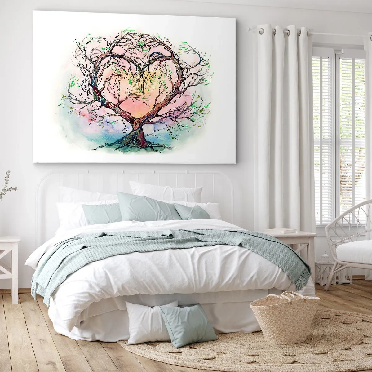 Obraz na plátne - Stromček v tvare srdca na pozadí jemných pastelových farieb - 70x50cm - Spoločne proti víchriciam - Moderná nástenná dekorácia do obývacej izby a spálne ARTTOR
