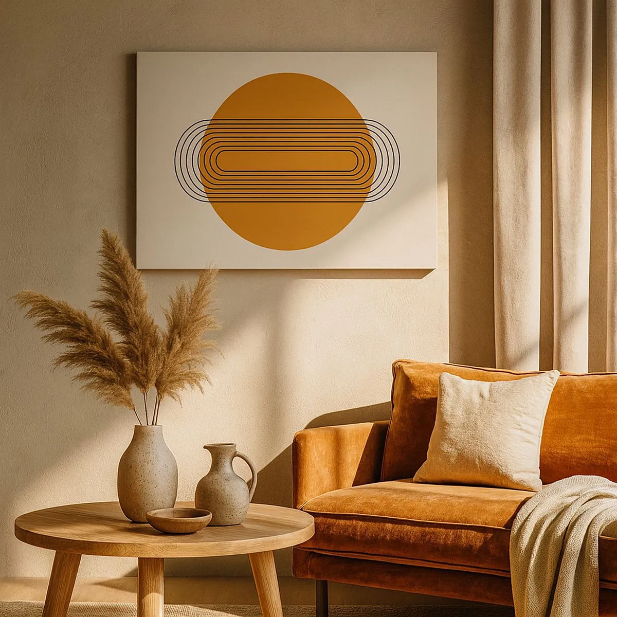Obraz na plátne - Geometrický vzor s oranžovými kruhmi a čiarami - 70x50cm - Dokonalý plán - Moderná nástenná dekorácia do obývacej izby a spálne ARTTOR