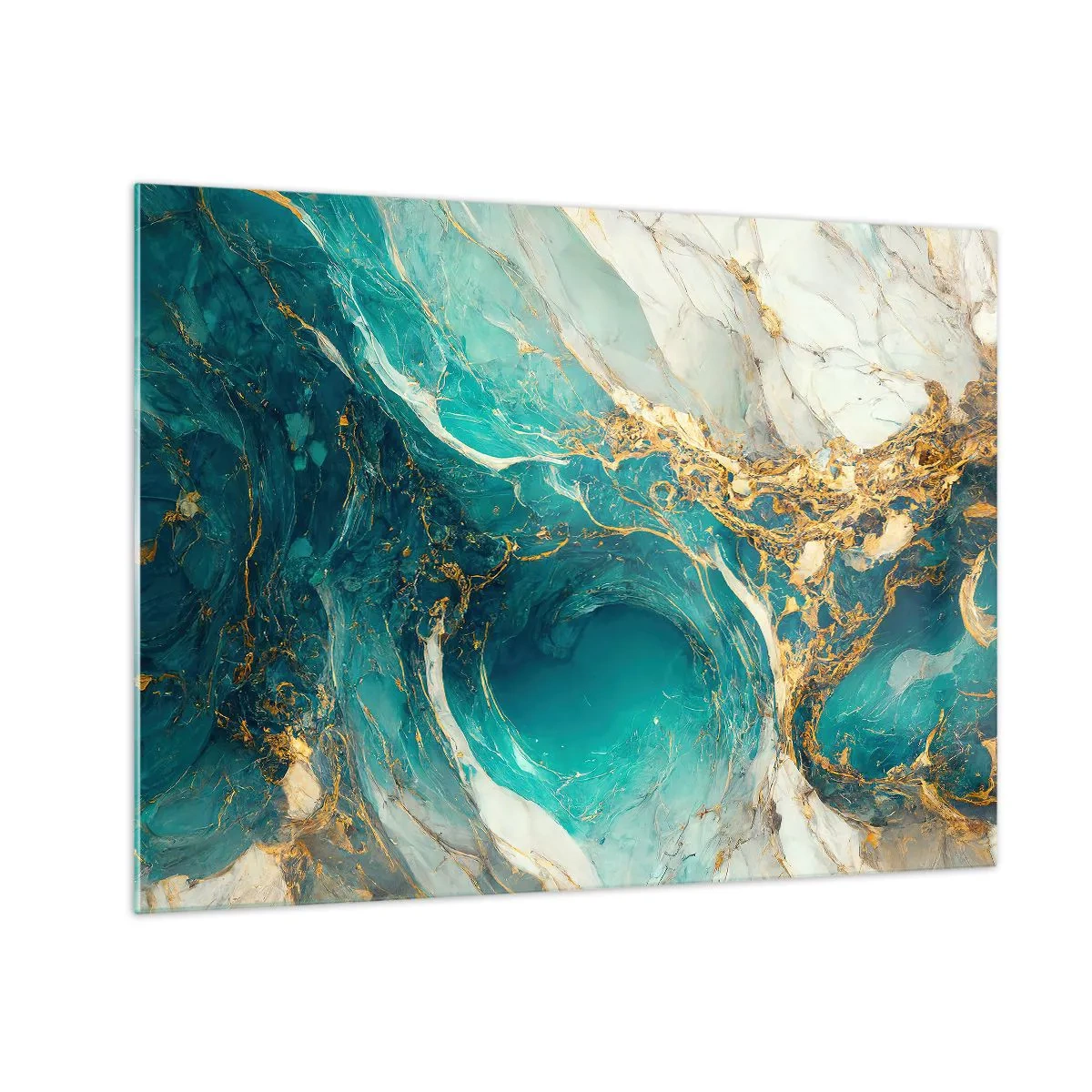 Obraz na skle - Abstraktná kompozícia s tyrkysovými a zlatými žilami - 70x50cm - Kompozícia so zlatými žilami - Moderná nástenná dekorácia do obývacej izby a spálne ARTTOR