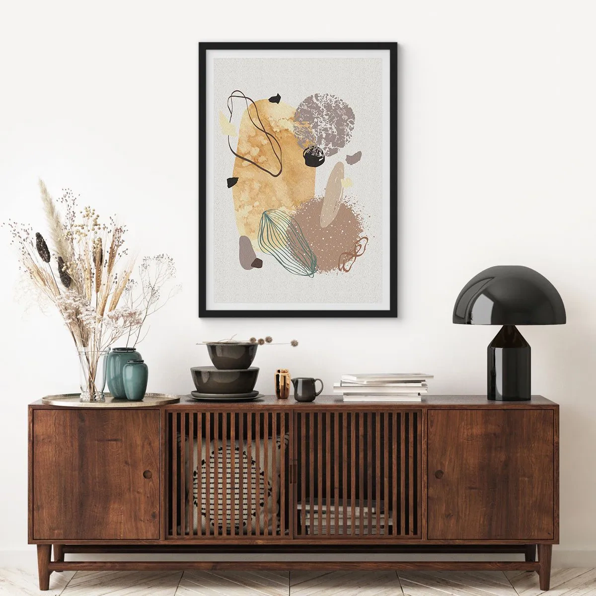 Plagát v čiernom ráme - Abstraktná kompozícia v prírodných odtieňoch - 50x70cm - Abstraktná slivka - Moderná nástenná dekorácia do obývacej izby a spálne ARTTOR