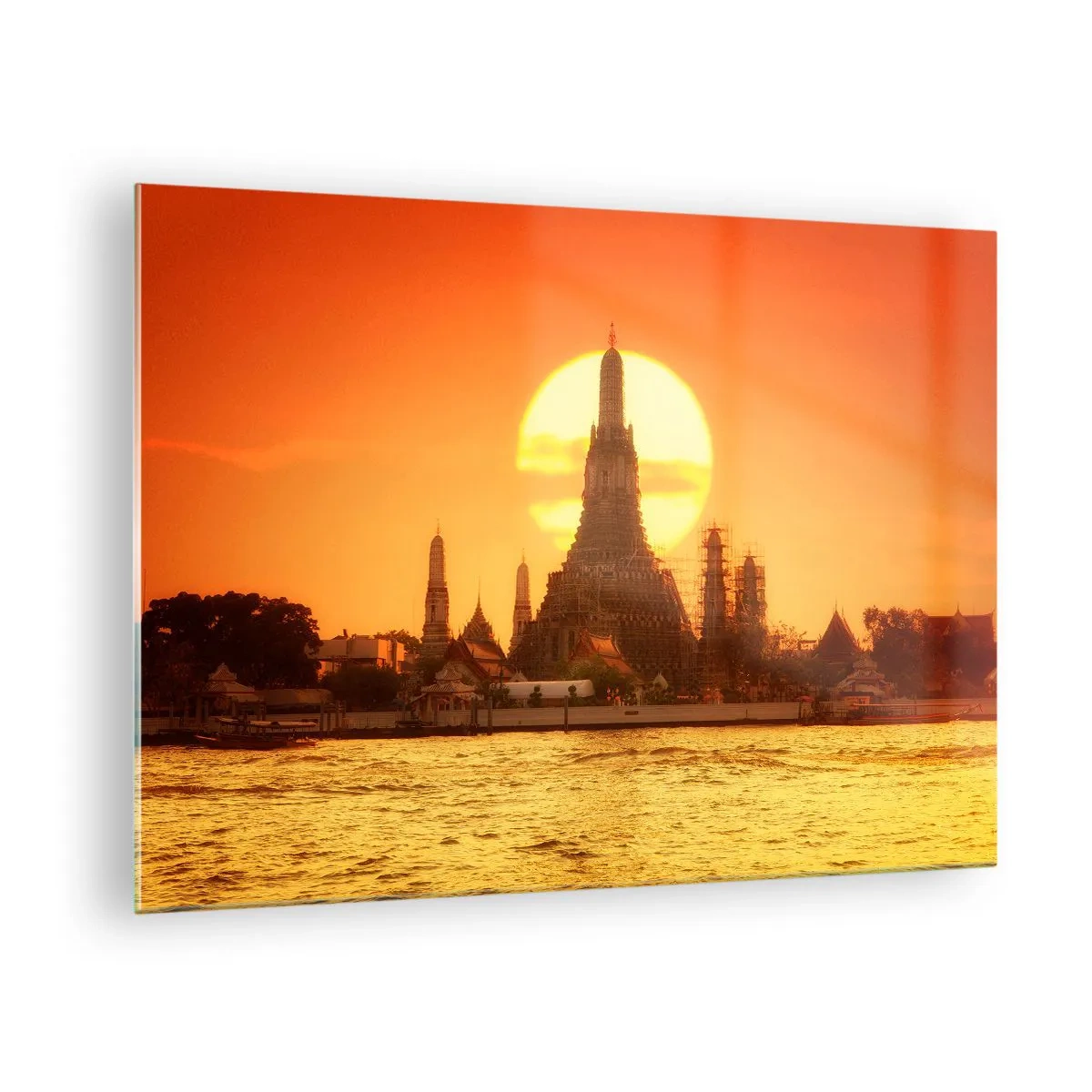 Obraz na skle - Chrám pri západe slnka nad riekou - 70x50cm - K slnku, vždy k slnku - Moderná nástenná dekorácia do obývacej izby a spálne ARTTOR