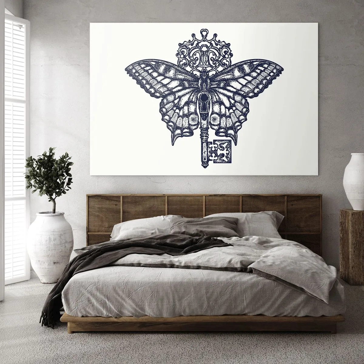 Obraz na skle - Ilustrácia motýľa s kľúčom v strede - 70x50cm - Všetky tajomstvá srdca - Moderná nástenná dekorácia do obývacej izby a spálne ARTTOR