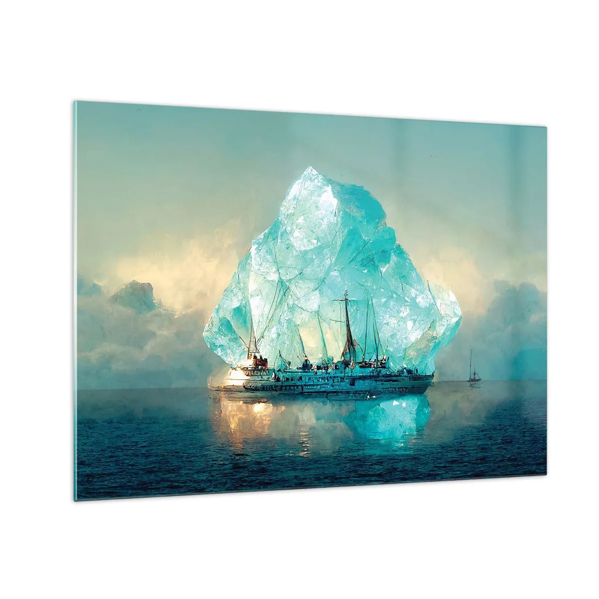 Obraz na skle - Plachetnica pred obrovským ľadovcom v arktickom svetle. - 70x50cm - Arktický briliant - Moderná nástenná dekorácia do obývacej izby a spálne ARTTOR