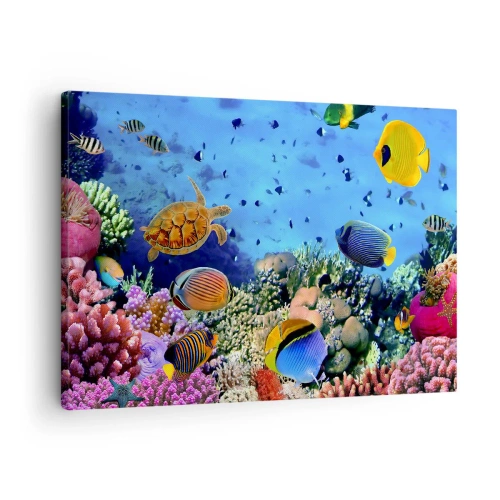 Obraz na plátne - Koralový útes s farebnými rybami a morskou korytnačkou - 70x50cm - Čo vieme o živote… - Moderná nástenná dekorácia do obývacej izby a spálne ARTTOR