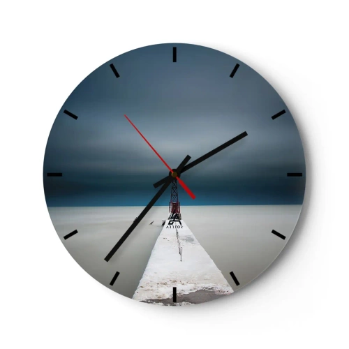 Nástenné hodiny - Minimalistický most vedúci k majáku na pozadí mora - 30x30cm - Stretnúť sa s nekonečnom - Moderná nástenná dekorácia do obývacej izby, kuchyne a spálne ARTTOR