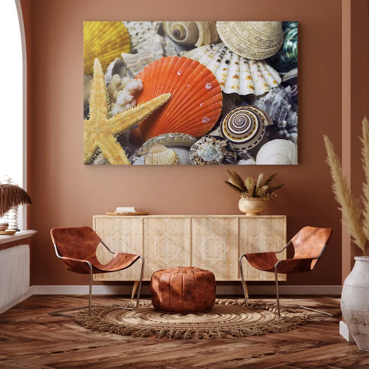 Obraz na plátne - Mušle a hviezdice v morskej kompozícii - 70x50cm - Poklady oceánu - Moderná nástenná dekorácia do obývacej izby a spálne ARTTOR
