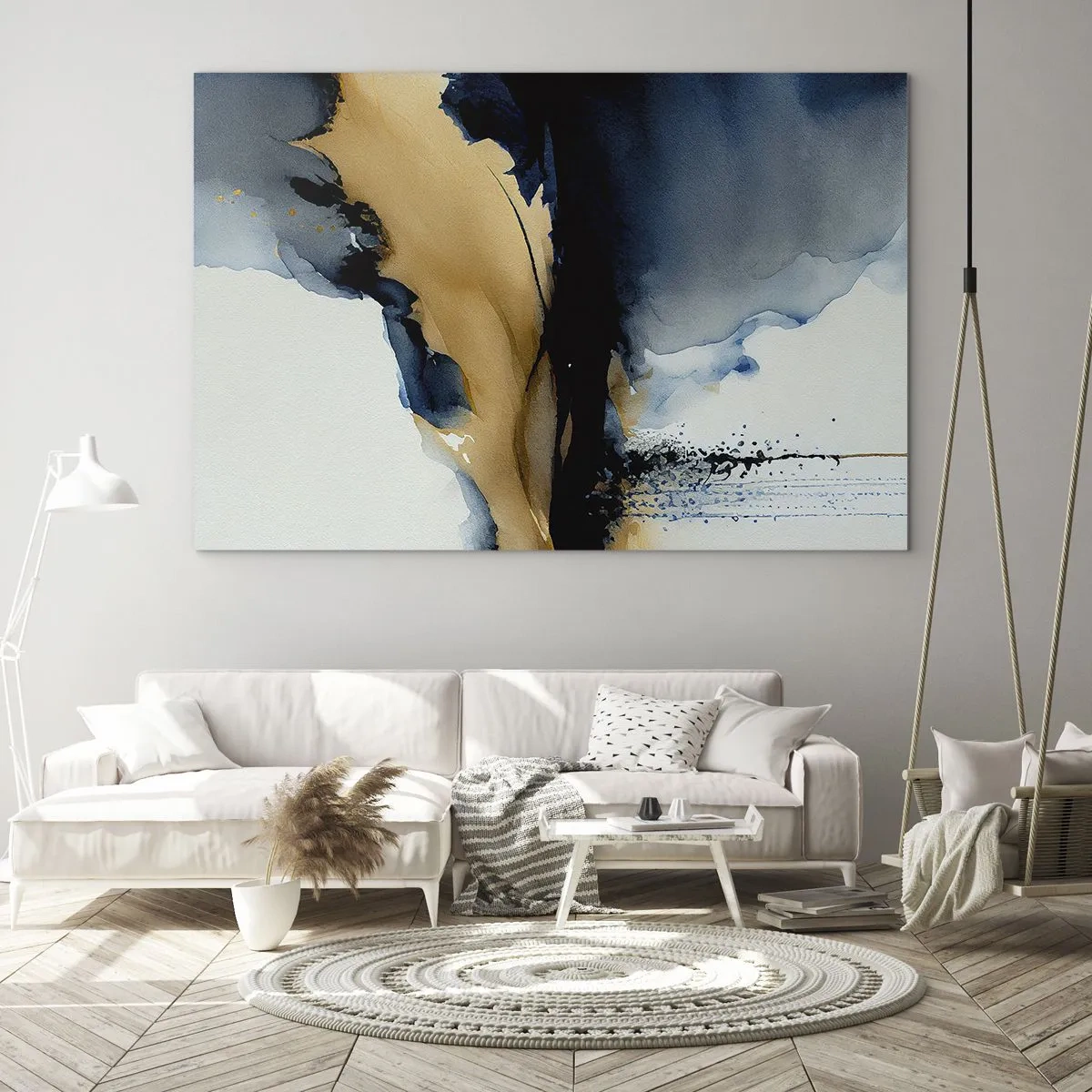 Obraz na skle - Abstraktná kompozícia v odtieňoch tmavomodrej a béžovej - 70x50cm - Za závojom - Moderná nástenná dekorácia do obývacej izby a spálne ARTTOR