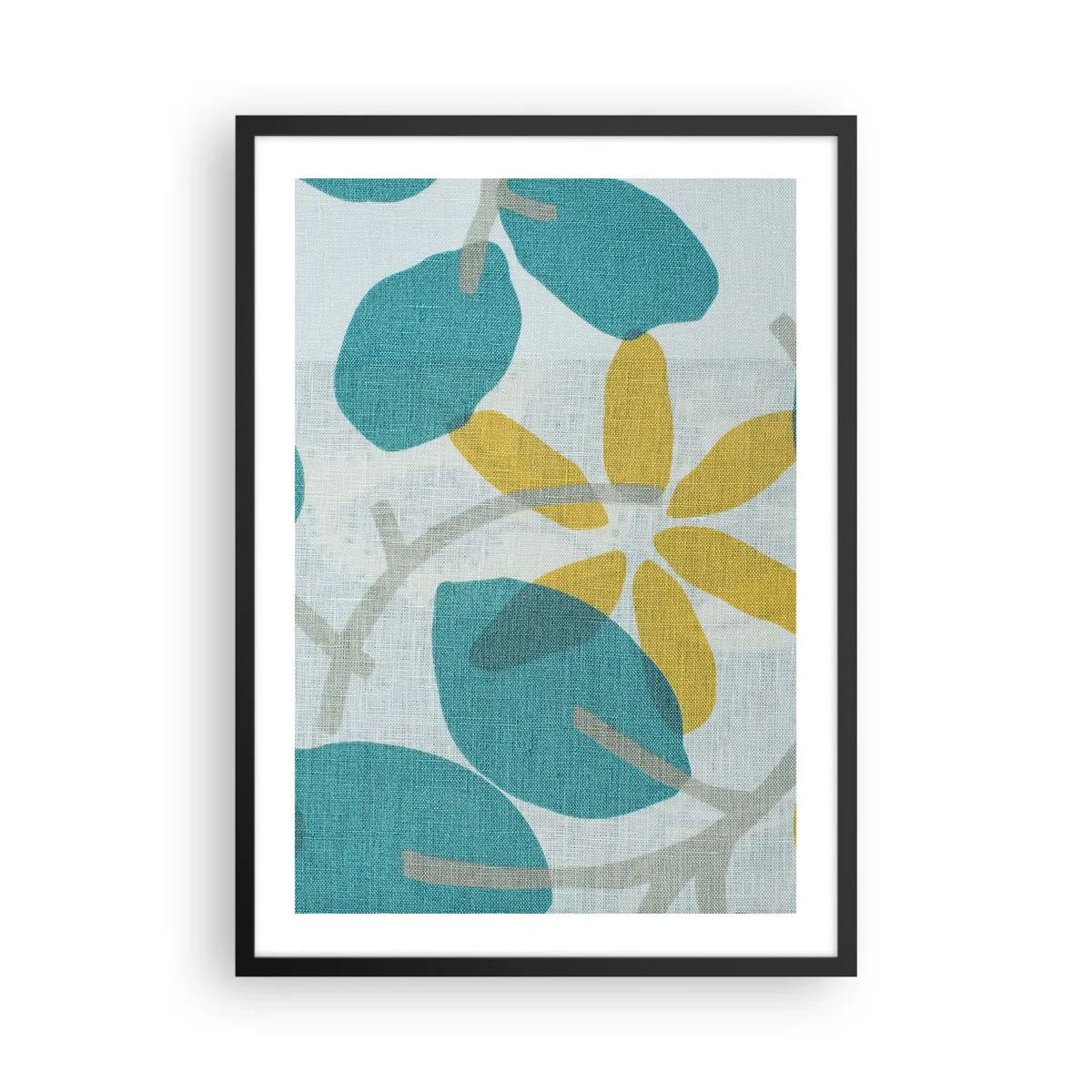 Plagát v čiernom ráme - Moderná botanická grafika v odtieňoch modrej a žltej - 50x70cm - Medzi azúrovými listami - Moderná nástenná dekorácia do obývacej izby a spálne ARTTOR