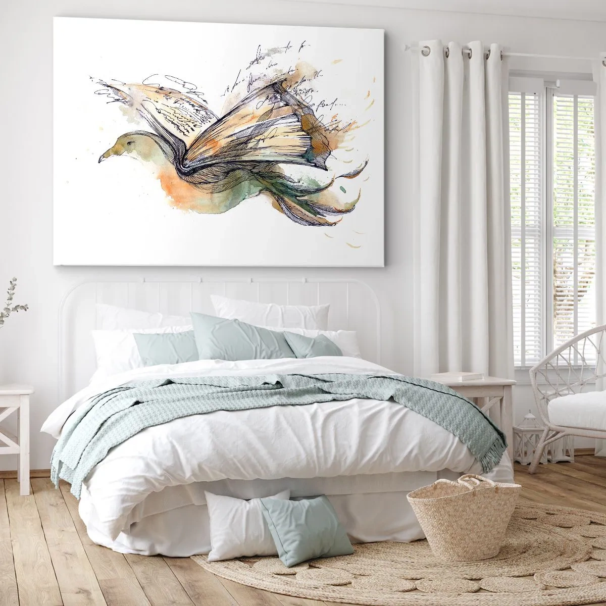 Obraz na plátne - Umelecká akvarelová maľba vtáka s knihou ako krídlami - 70x50cm - Na krídlach poézie - Moderná nástenná dekorácia do obývacej izby a spálne ARTTOR