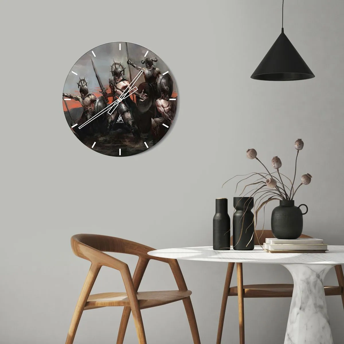 Nástenné hodiny - Skupina obrnených bojovníkov so štítmi a oštepmi v dynamickej scéne - 30x30cm - So štítom alebo na štíte - Moderná nástenná dekorácia do obývacej izby, kuchyne a spálne ARTTOR