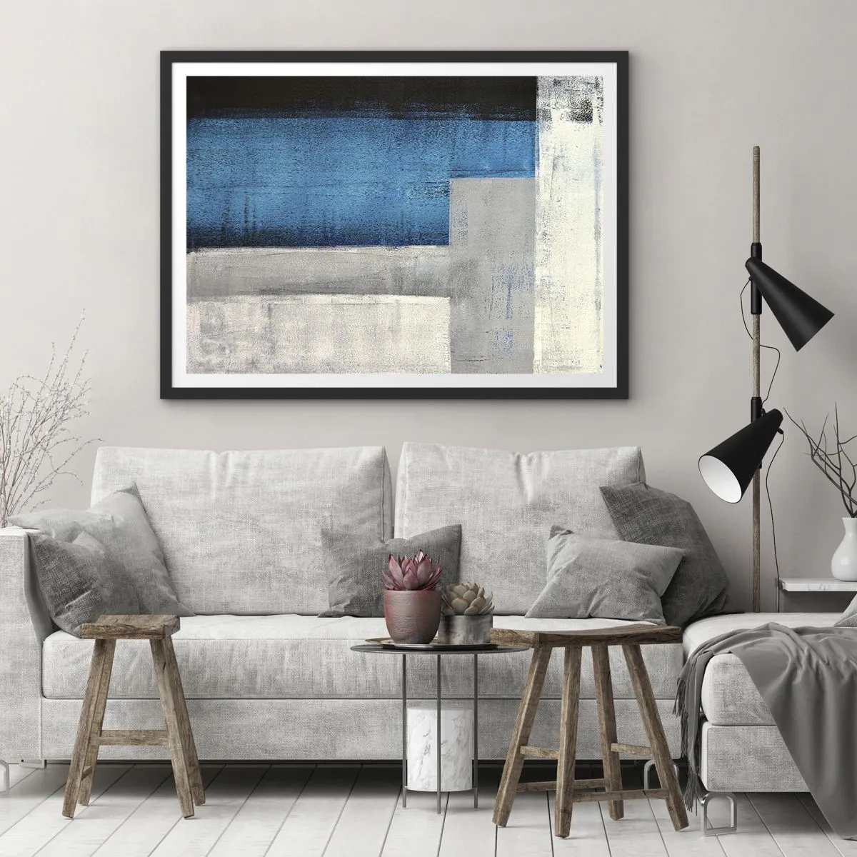 Plagát v čiernom ráme - Poetická kompozícia šedej a modrej - 70x50 cm