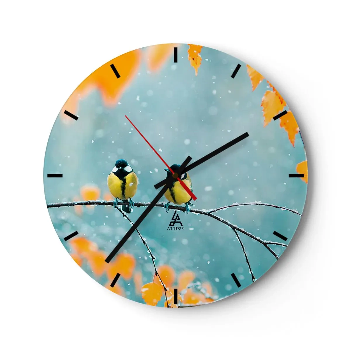Nástenné hodiny - Dve sýkorky na zasneženom konári v zimnej scenérii - 30x30cm - Vtáčie klebety - Moderná nástenná dekorácia do obývacej izby, kuchyne a spálne ARTTOR