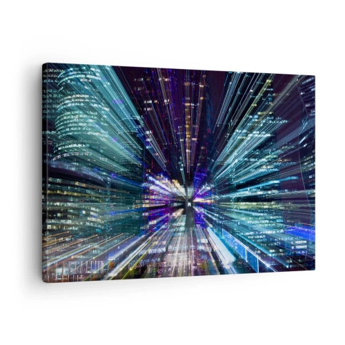 Obraz na plátne - Dynamický pohľad na mesto v noci so svetelným efektom - 70x50cm - Prechod do hyperpriestoru - Moderná nástenná dekorácia do obývacej izby a spálne ARTTOR