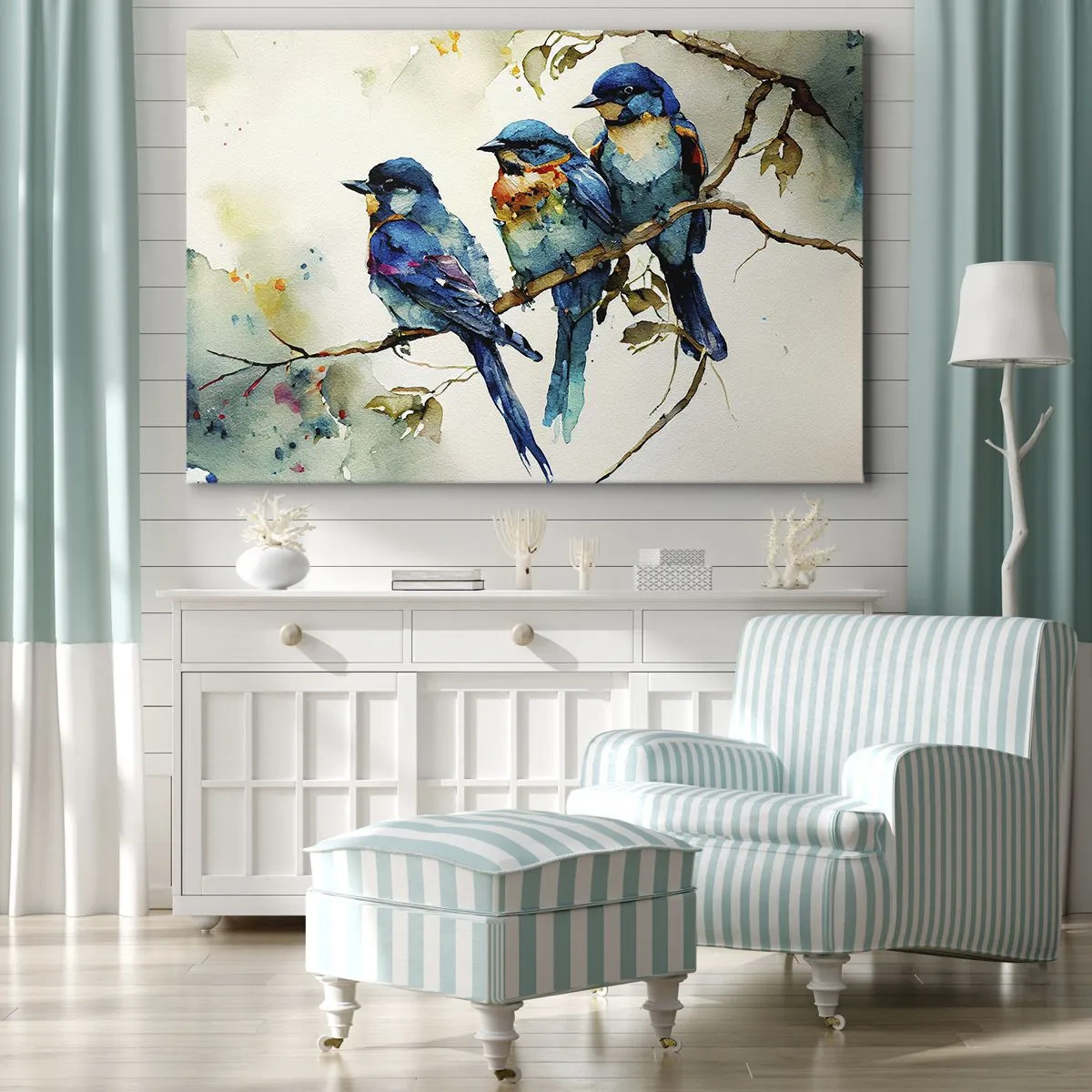 Obraz na plátne - Tri farebné vtáky na konári v akvarelovom štýle - 70x50cm - Urazil sa? - Moderná nástenná dekorácia do obývacej izby a spálne ARTTOR