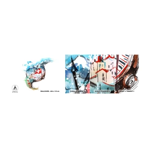 Vzorka samolepiacej fototapety Deluxe Sticker - Duch Švajčiarska - Abstrakcia, Švajčiarske hodinky, Alpy - 100x30 cm