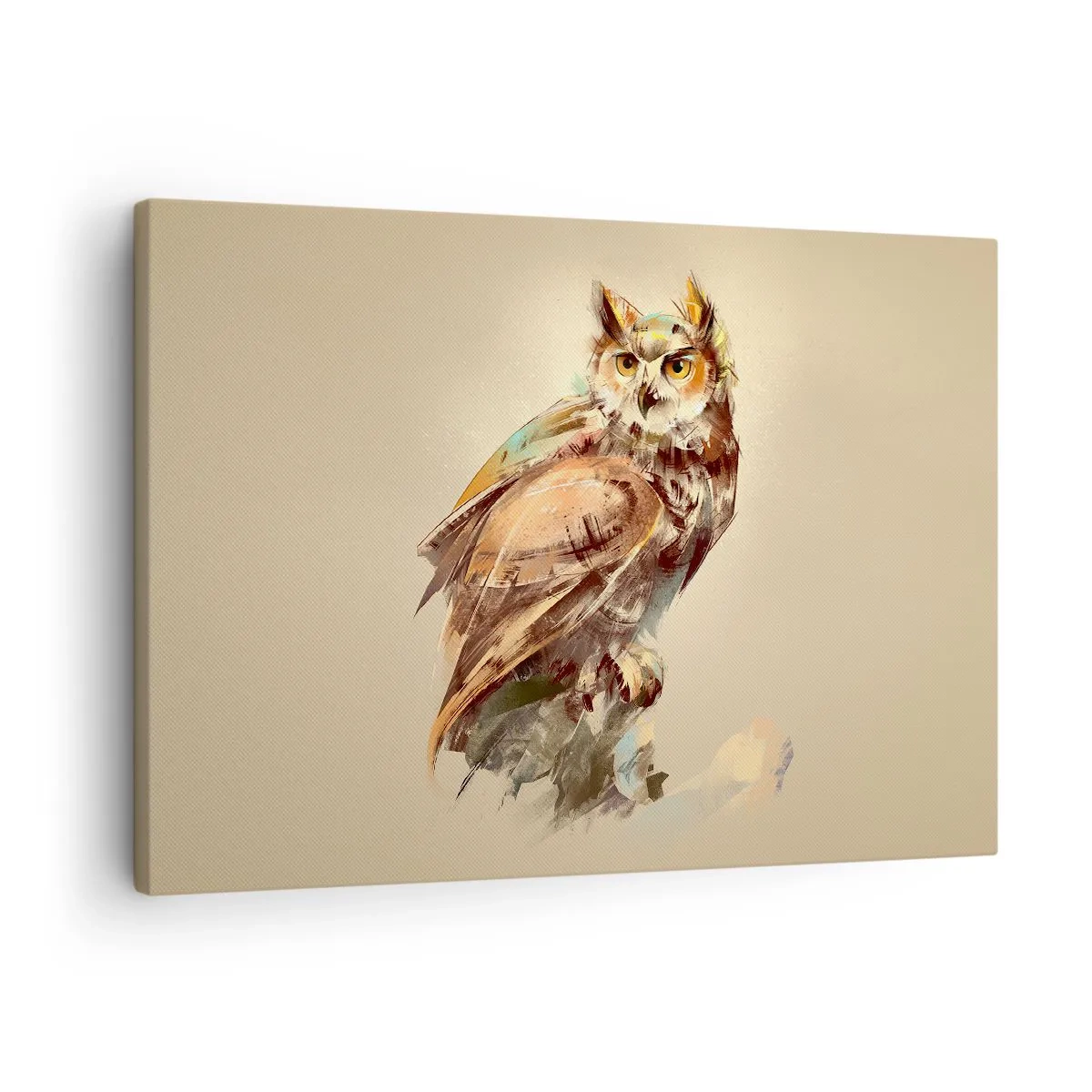 Obraz na plátne - Umelecký portrét sovy na svetlom pozadí v teplých odtieňoch. - 70x50cm - Najmúdrejšia sova - potvrdí to aj les - Moderná nástenná dekorácia do obývacej izby a spálne ARTTOR