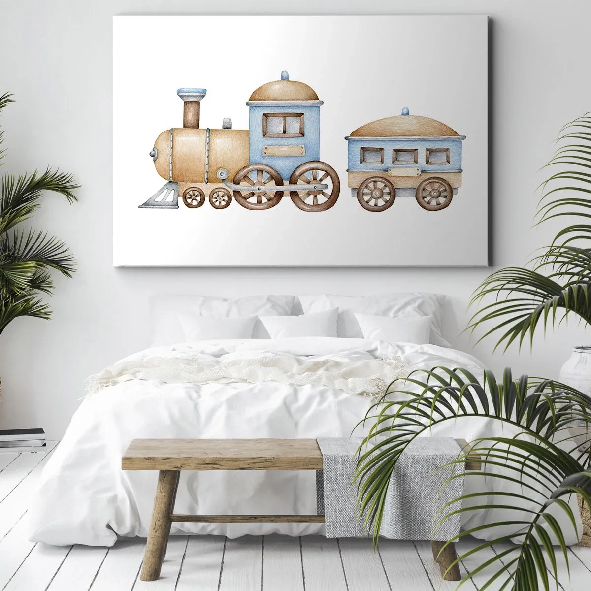 Obraz na plátne - Kresba vlaku v pastelových odtieňoch na bielom pozadí - 70x50cm - Na dráhe stojí… - Moderná nástenná dekorácia do obývacej izby a spálne ARTTOR