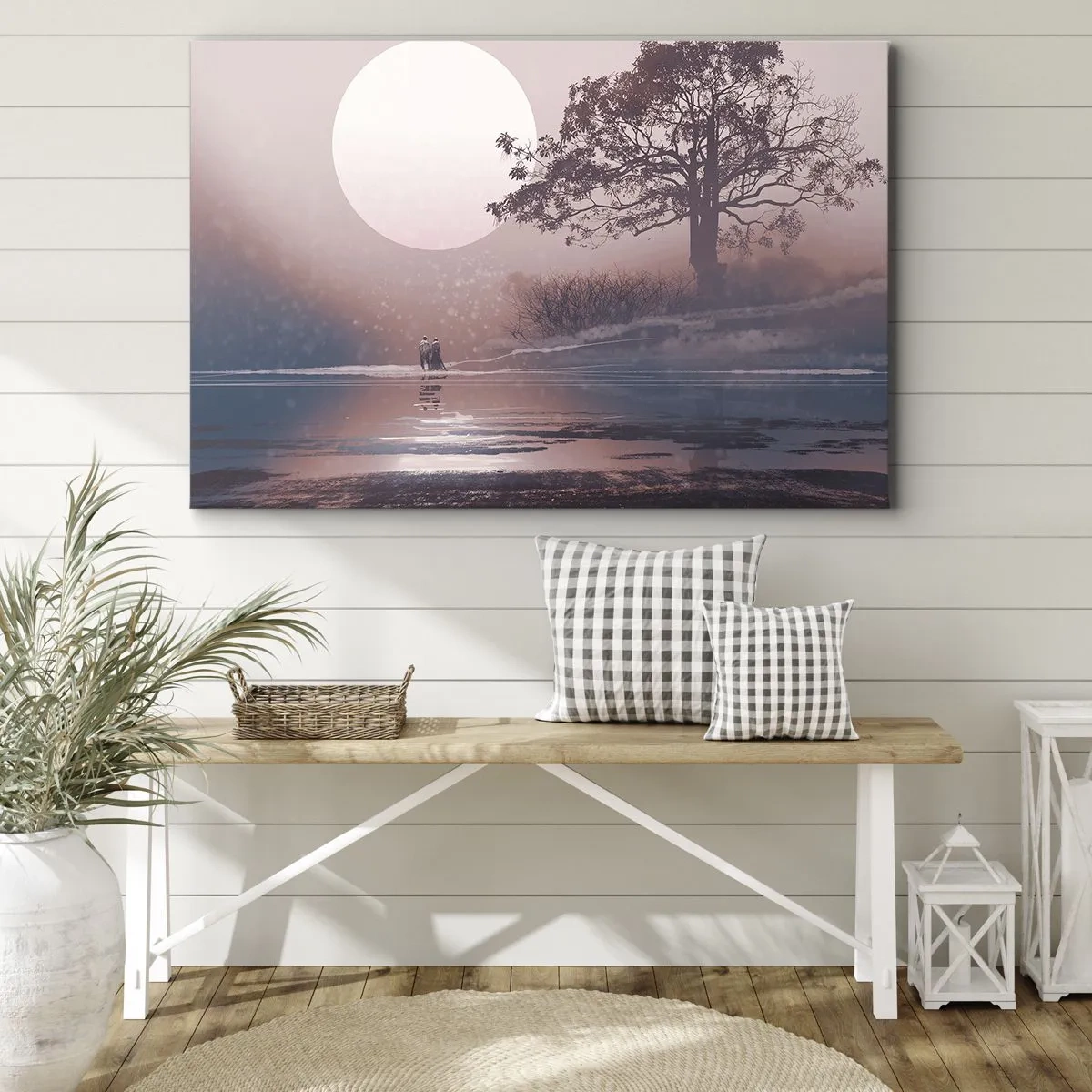 Obraz na plátne - Romantická scéna s mesiacom a stromom pri vode - 70x50cm - Nočné zázraky - Moderná nástenná dekorácia do obývacej izby a spálne ARTTOR