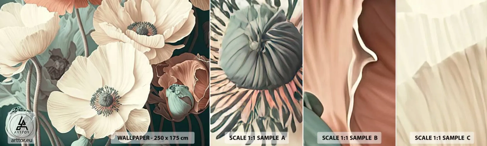 Vzorka samolepiacej fototapety Deluxe Sticker - Šepot makov - Kvety, Rastliny, Pastel - 100x30 cm