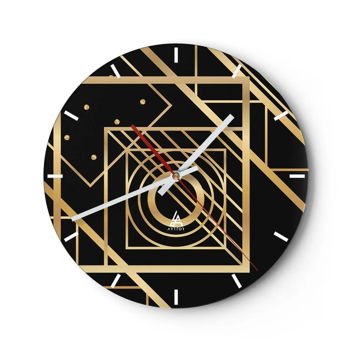 Nástenné hodiny - Zlatý geometrický vzor na čiernom pozadí - 30x30cm - Zlatá geometria - Moderná nástenná dekorácia do obývacej izby, kuchyne a spálne ARTTOR