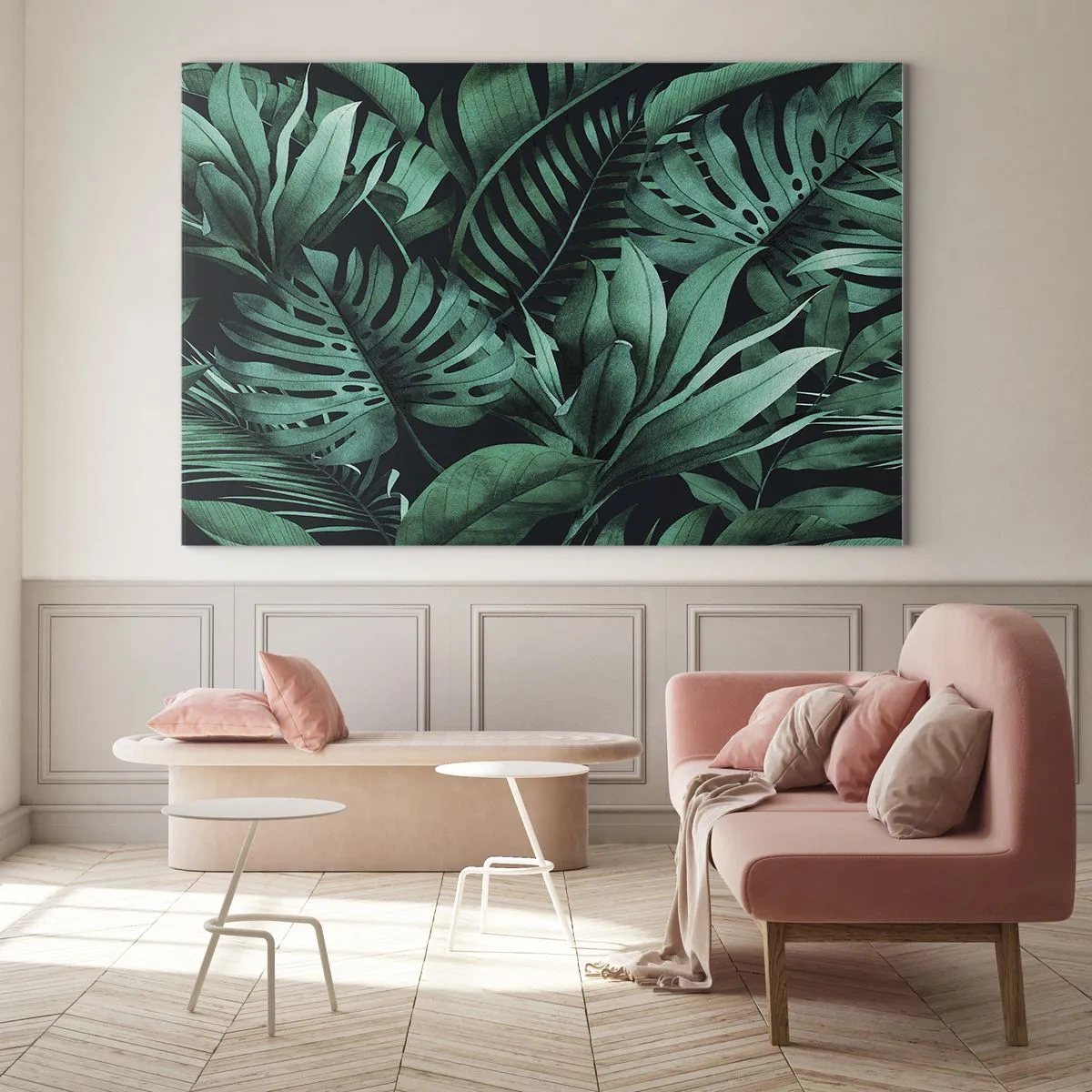 Obraz na skle - Svieže zelené listy v tropickej kompozícii - 70x50cm - Hĺbka tropickej zelene - Moderná nástenná dekorácia do obývacej izby a spálne ARTTOR