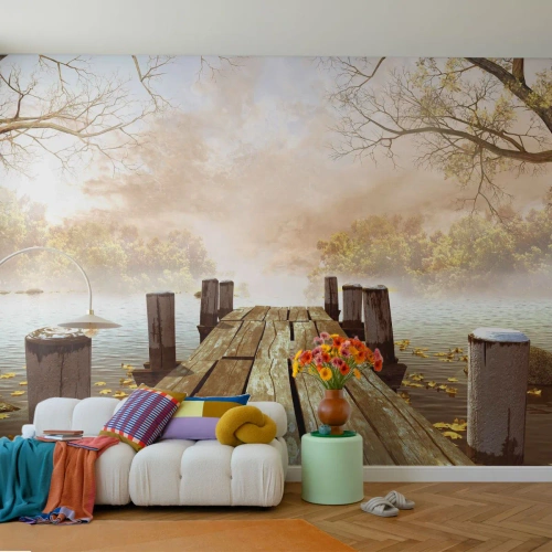 Fototapeta Premium Sand - Jemný smútok jesene - Krajina, Jazero, Drevený most - 200x140 cm
