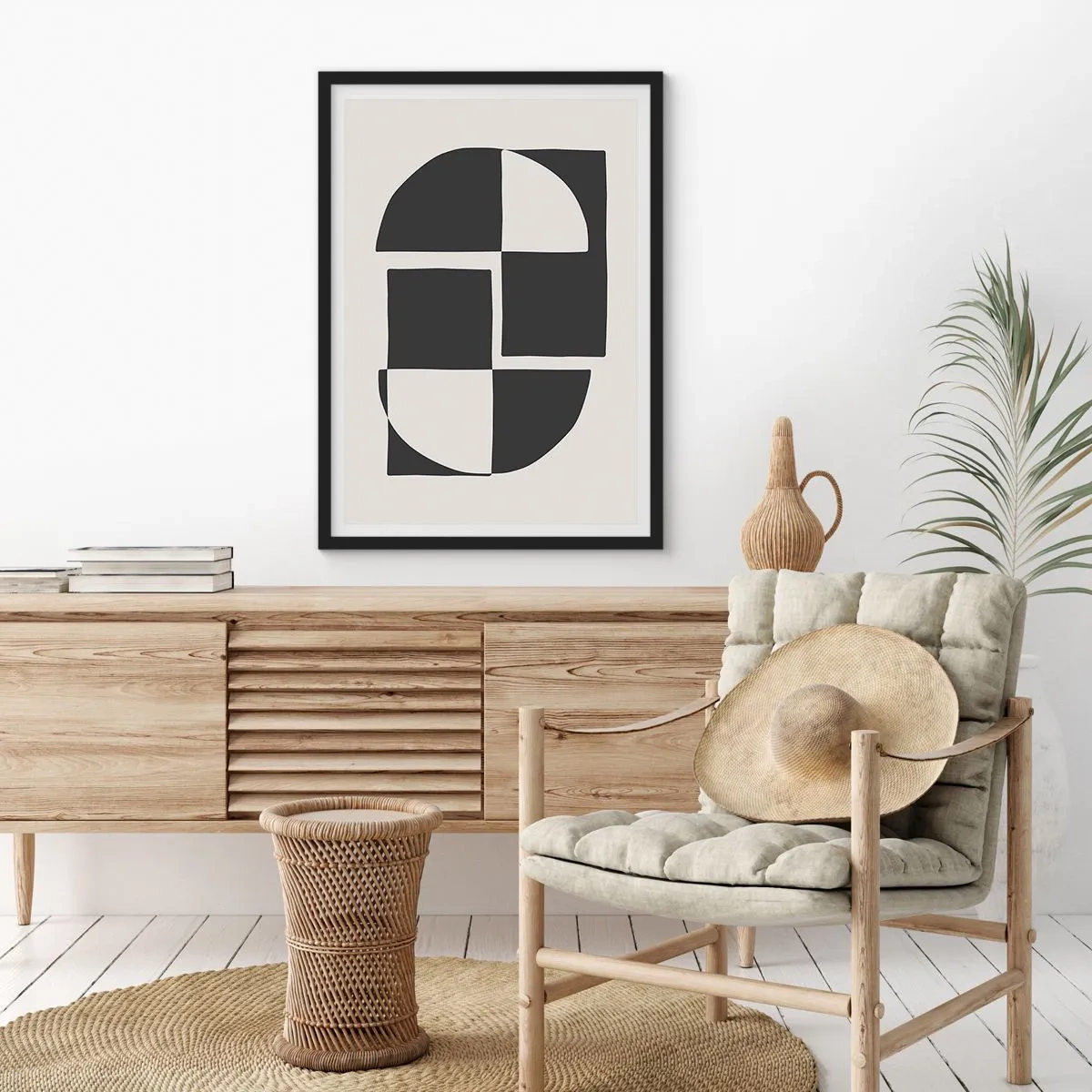 Plagát v čiernom ráme - Geometrická kompozícia v čiernej a bielej farbe - 50x70cm - Antitéza – syntéza - Moderná nástenná dekorácia do obývacej izby a spálne ARTTOR